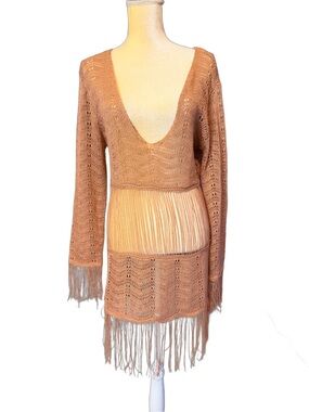 Boho Crochet Fringe Deep V Tunic Dress - Peach